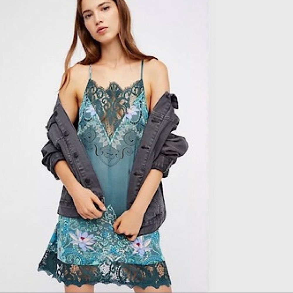 Free People lace floral slip dress flowy blue teal